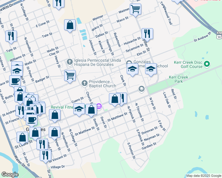map of restaurants, bars, coffee shops, grocery stores, and more near 1315 Fischer Street in Gonzales
