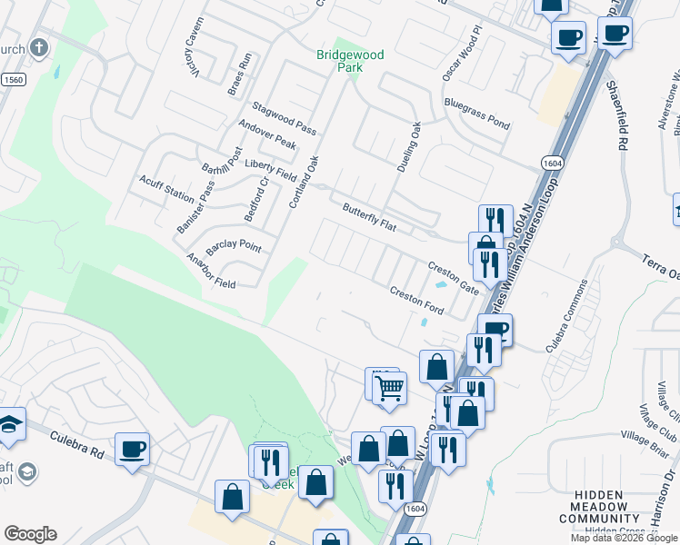 map of restaurants, bars, coffee shops, grocery stores, and more near 7798 Creston Ford in San Antonio