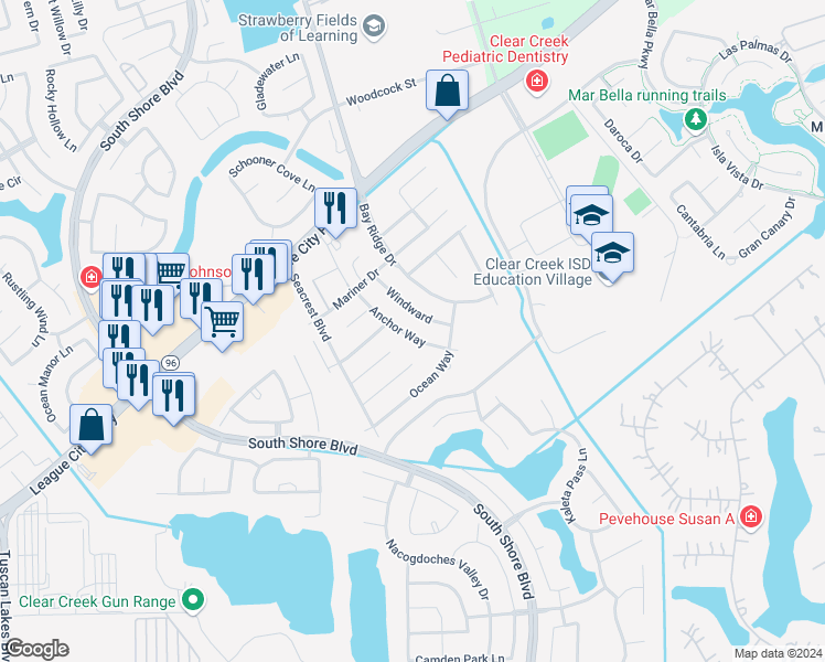 map of restaurants, bars, coffee shops, grocery stores, and more near 324 Anchor Way in League City