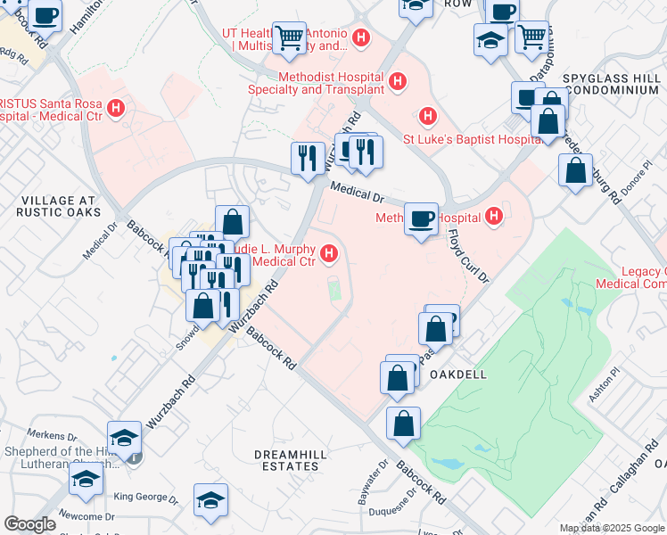 map of restaurants, bars, coffee shops, grocery stores, and more near 7400 Merton Minter in San Antonio