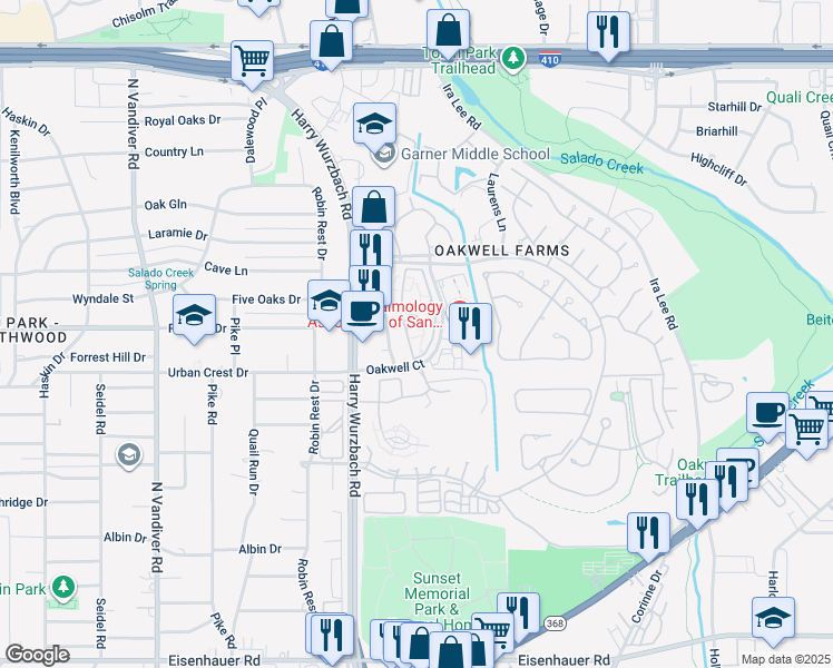 map of restaurants, bars, coffee shops, grocery stores, and more near 3333 Oakwell Court in San Antonio