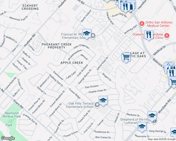 map of restaurants, bars, coffee shops, grocery stores, and more near 7302 George Burns Street in San Antonio