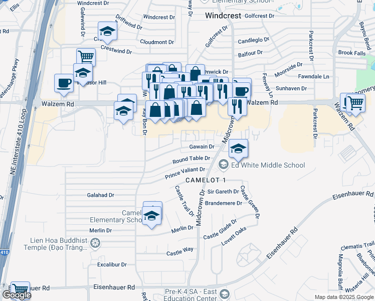 map of restaurants, bars, coffee shops, grocery stores, and more near 5310 Gawain Drive in San Antonio