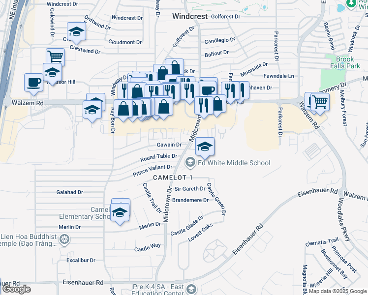 map of restaurants, bars, coffee shops, grocery stores, and more near 5358 Gawain Drive in San Antonio