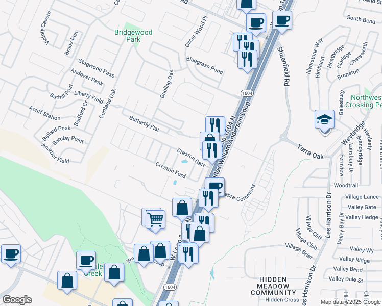 map of restaurants, bars, coffee shops, grocery stores, and more near 128 Creston Gate in San Antonio