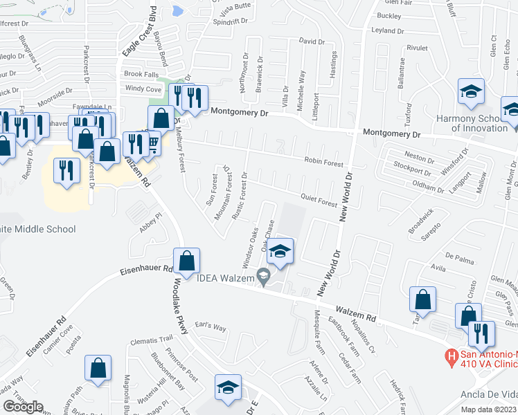 map of restaurants, bars, coffee shops, grocery stores, and more near 7643 Oak Chase in San Antonio