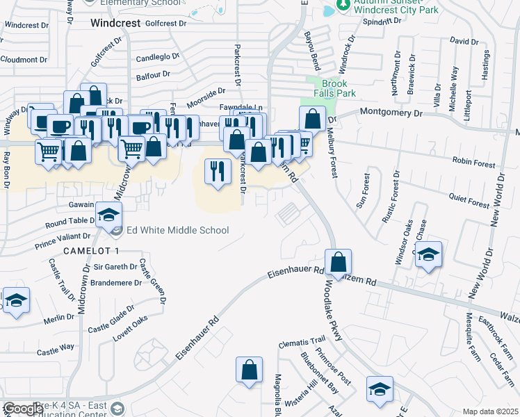 map of restaurants, bars, coffee shops, grocery stores, and more near Parkcrest Drive in San Antonio