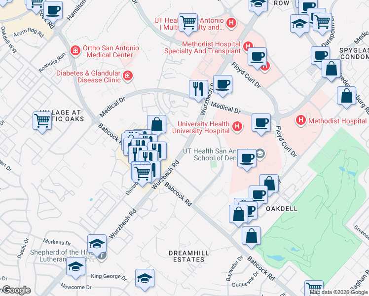 map of restaurants, bars, coffee shops, grocery stores, and more near 7483 Wurzbach Road in San Antonio