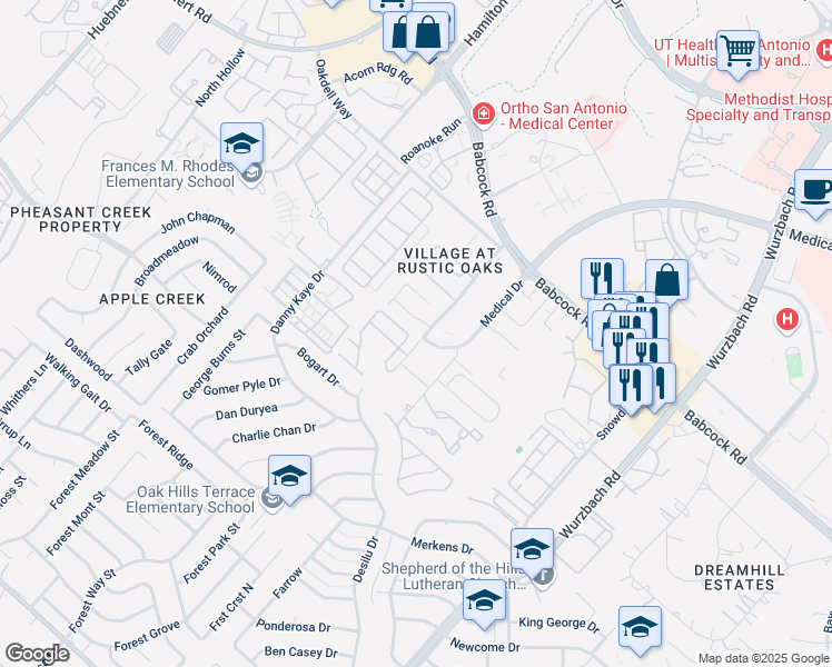 map of restaurants, bars, coffee shops, grocery stores, and more near 25 Lamb Road in San Antonio
