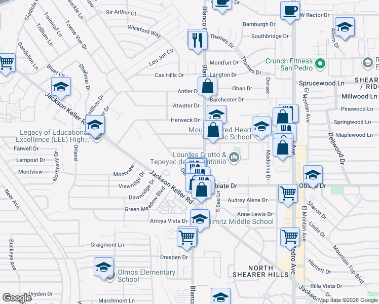map of restaurants, bars, coffee shops, grocery stores, and more near 106 Parade Drive in San Antonio
