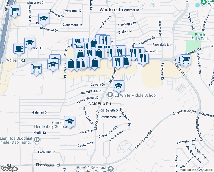 map of restaurants, bars, coffee shops, grocery stores, and more near 5360 Gawain Drive in San Antonio
