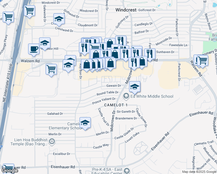 map of restaurants, bars, coffee shops, grocery stores, and more near 5320 Gawain Drive in San Antonio