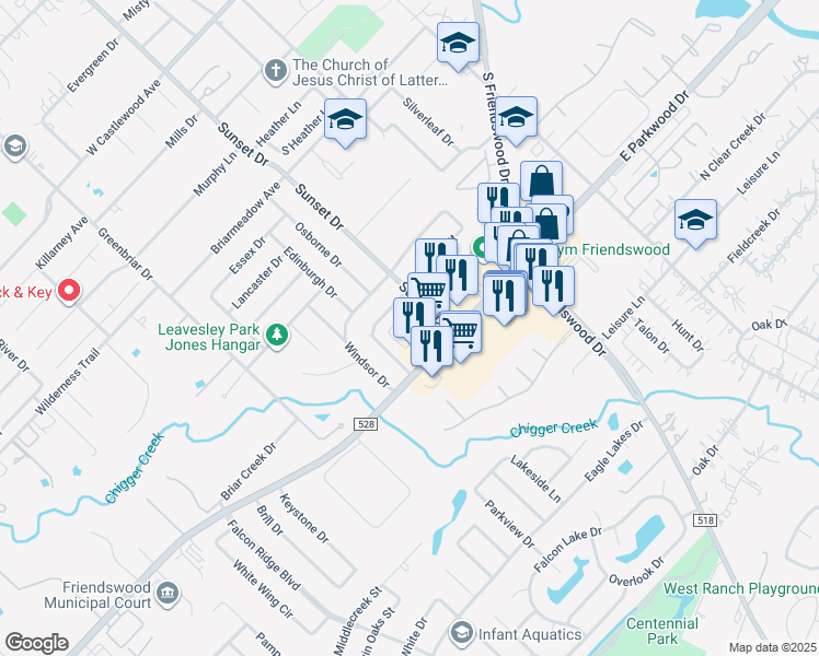 map of restaurants, bars, coffee shops, grocery stores, and more near 1500 Sunset Drive in Friendswood