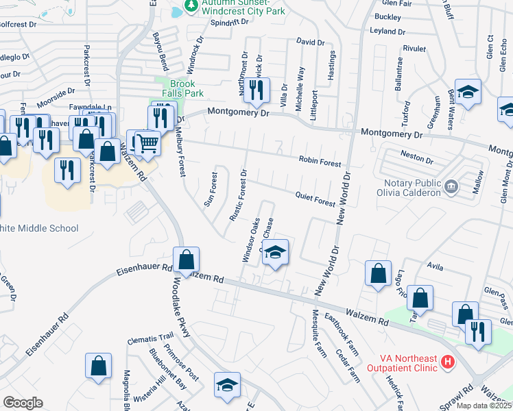 map of restaurants, bars, coffee shops, grocery stores, and more near 7643 Oak Chase in San Antonio