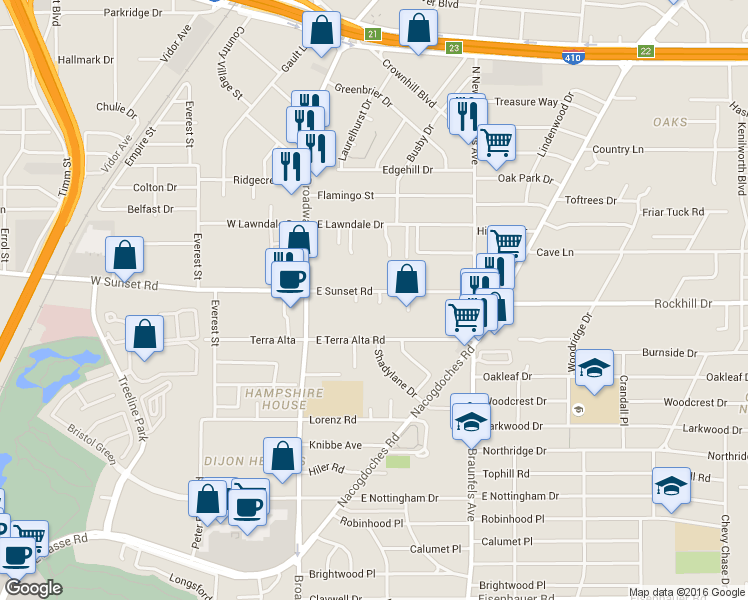 map of restaurants, bars, coffee shops, grocery stores, and more near 7815 Lado Bueno in San Antonio