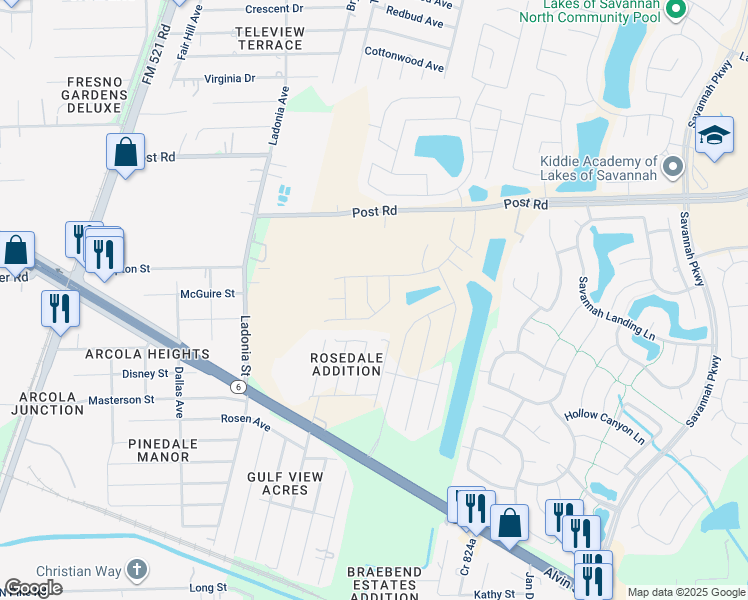 map of restaurants, bars, coffee shops, grocery stores, and more near 1010 Post Street in Rosharon
