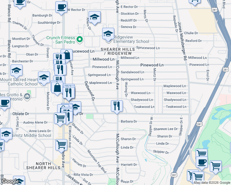 map of restaurants, bars, coffee shops, grocery stores, and more near 7802 McCullough Avenue in San Antonio