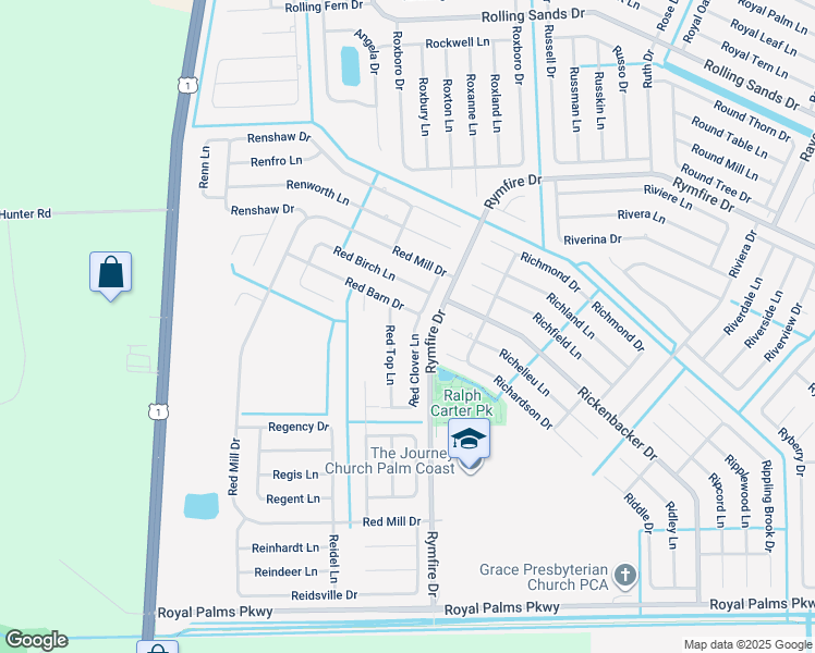 map of restaurants, bars, coffee shops, grocery stores, and more near 4 Red Clover Lane in Palm Coast