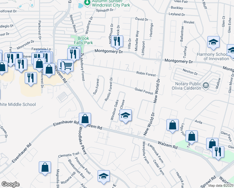 map of restaurants, bars, coffee shops, grocery stores, and more near 7643 Oak Chase in San Antonio