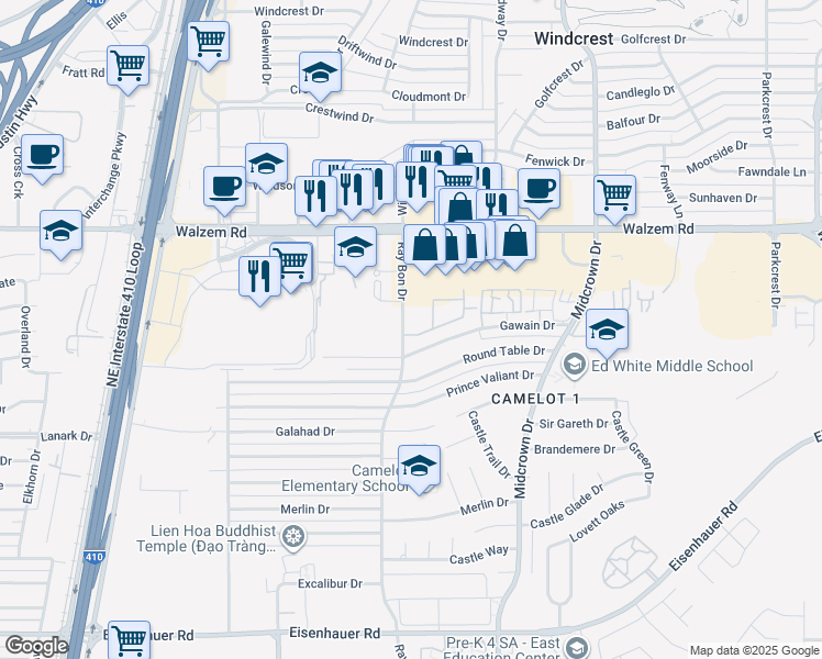map of restaurants, bars, coffee shops, grocery stores, and more near 5207 Gawain Drive in San Antonio