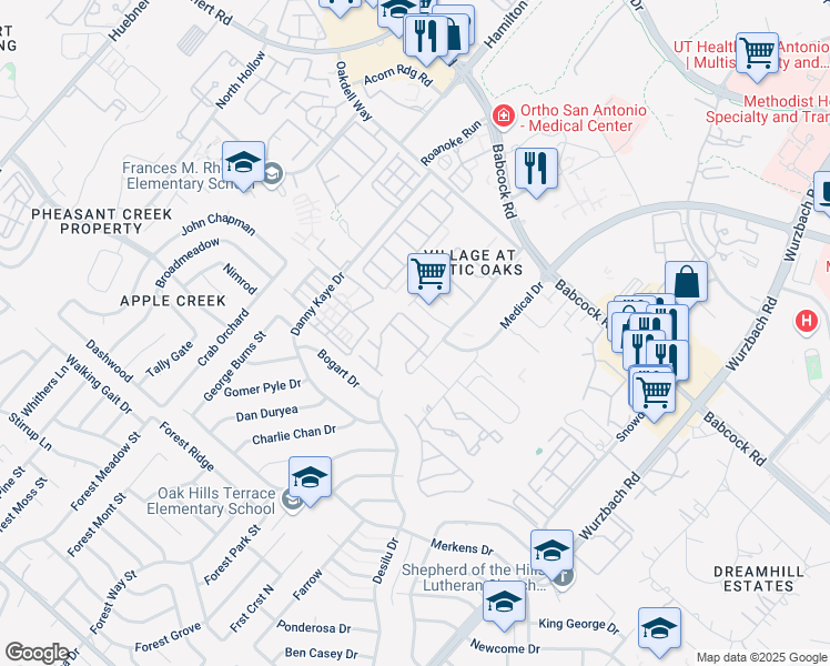 map of restaurants, bars, coffee shops, grocery stores, and more near 7110 Norman Lane in San Antonio
