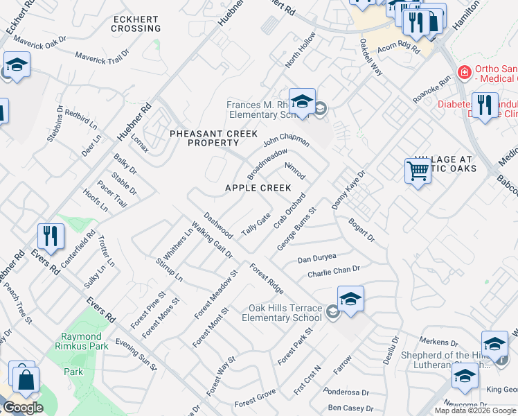 map of restaurants, bars, coffee shops, grocery stores, and more near 6315 Tally Gate in San Antonio