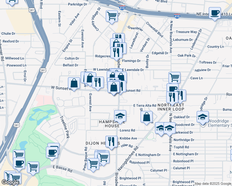 map of restaurants, bars, coffee shops, grocery stores, and more near 7926 Broadway in San Antonio