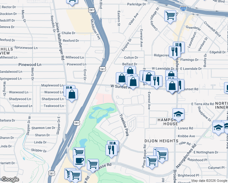map of restaurants, bars, coffee shops, grocery stores, and more near 414 Treeline Park in San Antonio