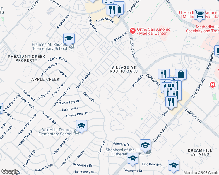 map of restaurants, bars, coffee shops, grocery stores, and more near 7110 Norman Lane in San Antonio