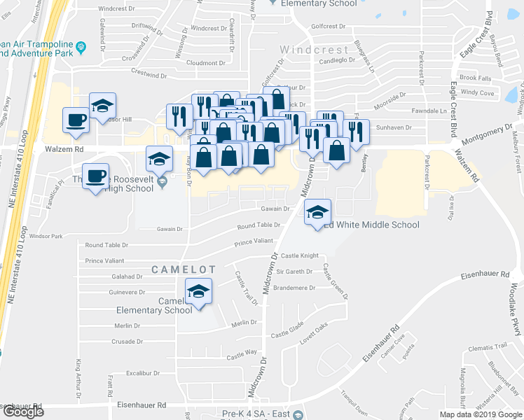 map of restaurants, bars, coffee shops, grocery stores, and more near 5324 Gawain Drive in San Antonio