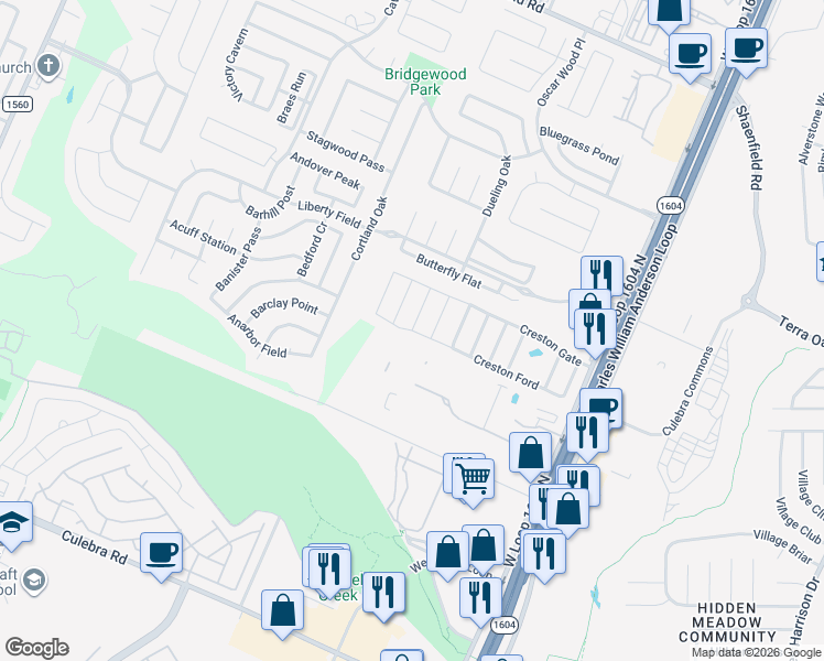 map of restaurants, bars, coffee shops, grocery stores, and more near 7798 Creston Ford in San Antonio