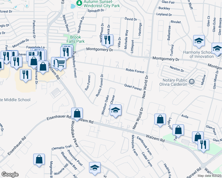 map of restaurants, bars, coffee shops, grocery stores, and more near 7643 Oak Chase in San Antonio