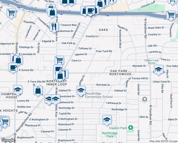 map of restaurants, bars, coffee shops, grocery stores, and more near 215 Rockhill Drive in San Antonio