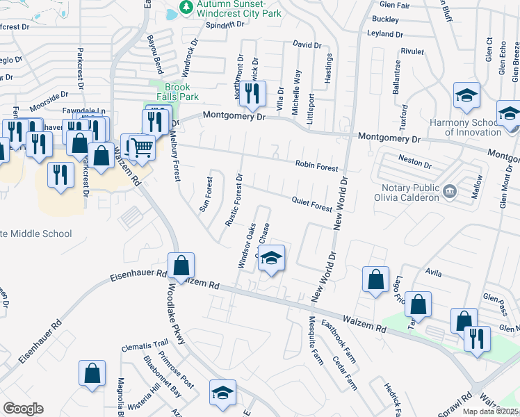 map of restaurants, bars, coffee shops, grocery stores, and more near 7643 Oak Chase in San Antonio