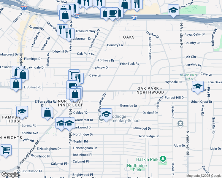 map of restaurants, bars, coffee shops, grocery stores, and more near 215 Rockhill Drive in San Antonio