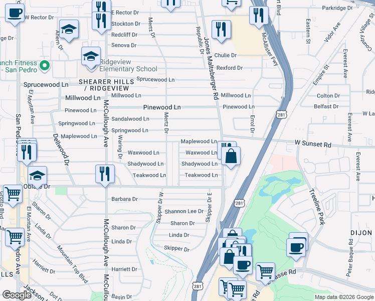 map of restaurants, bars, coffee shops, grocery stores, and more near 302 Waxwood Lane in San Antonio