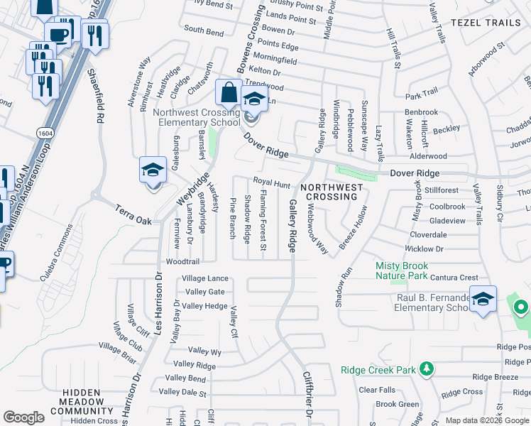 map of restaurants, bars, coffee shops, grocery stores, and more near 7243 Flaming Forest Street in San Antonio