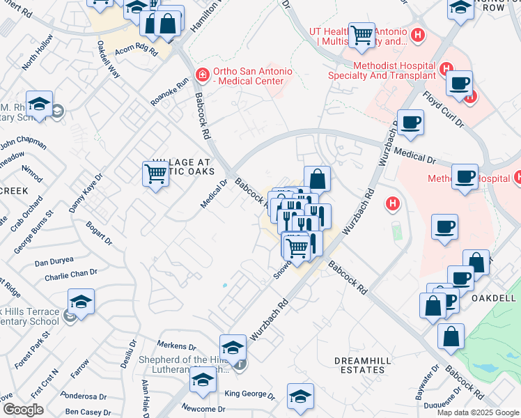 map of restaurants, bars, coffee shops, grocery stores, and more near Main in San Antonio