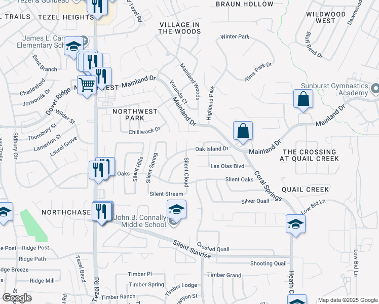 map of restaurants, bars, coffee shops, grocery stores, and more near 7447 Silent Path in San Antonio
