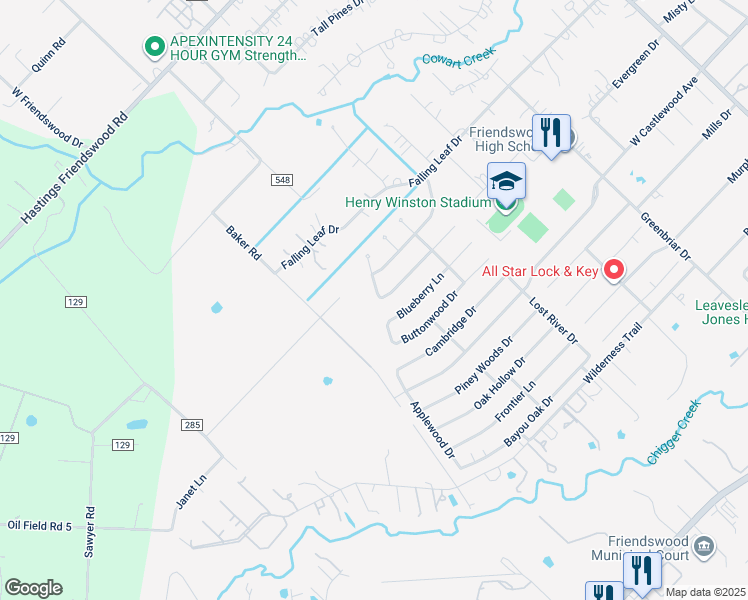 map of restaurants, bars, coffee shops, grocery stores, and more near 708 Pine Needle Drive in Friendswood