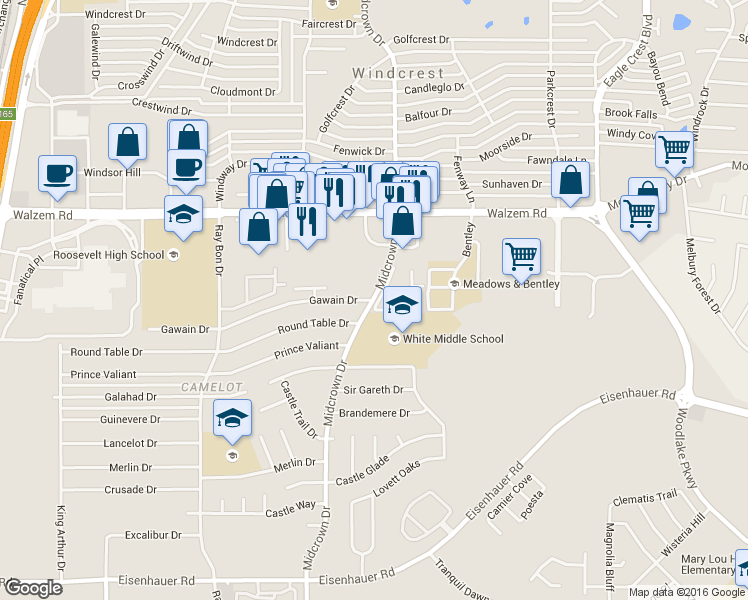 map of restaurants, bars, coffee shops, grocery stores, and more near 5295 Round Table Drive in San Antonio