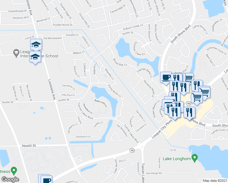 map of restaurants, bars, coffee shops, grocery stores, and more near 1329 Porta Rosa Lane in League City