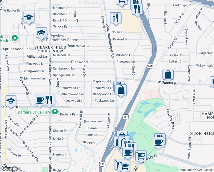 map of restaurants, bars, coffee shops, grocery stores, and more near 350 Waxwood Lane in San Antonio