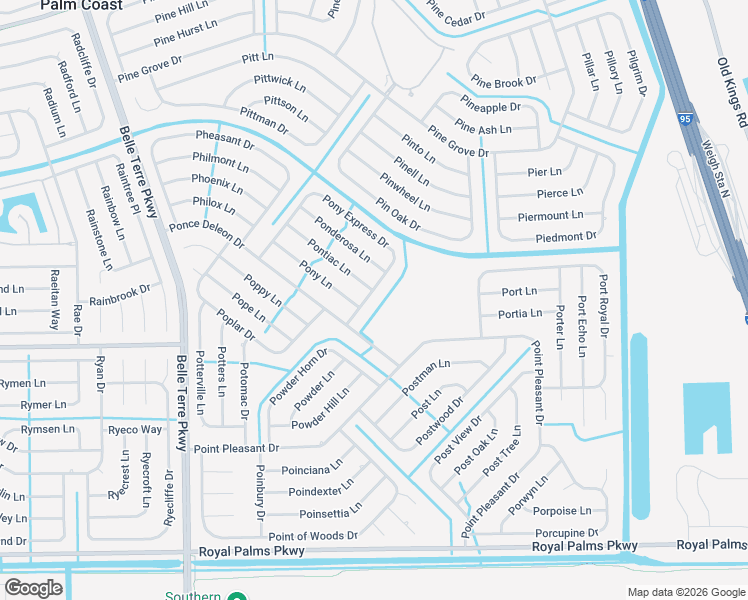 map of restaurants, bars, coffee shops, grocery stores, and more near 87 Pony Express Drive in Palm Coast