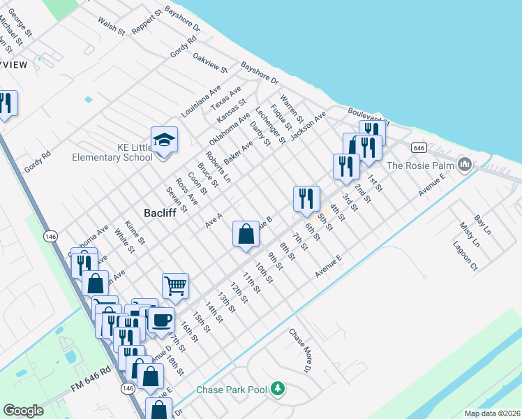 map of restaurants, bars, coffee shops, grocery stores, and more near 4450 8th Street in Bacliff