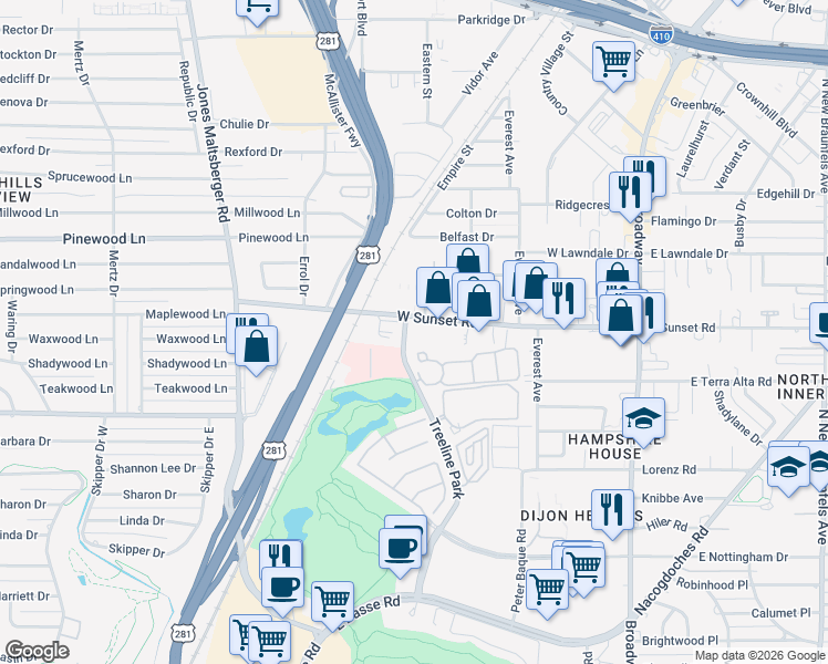 map of restaurants, bars, coffee shops, grocery stores, and more near 414 Treeline Park in San Antonio