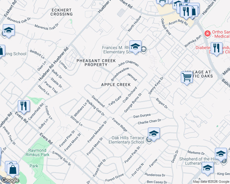 map of restaurants, bars, coffee shops, grocery stores, and more near 6315 Tally Gate in San Antonio