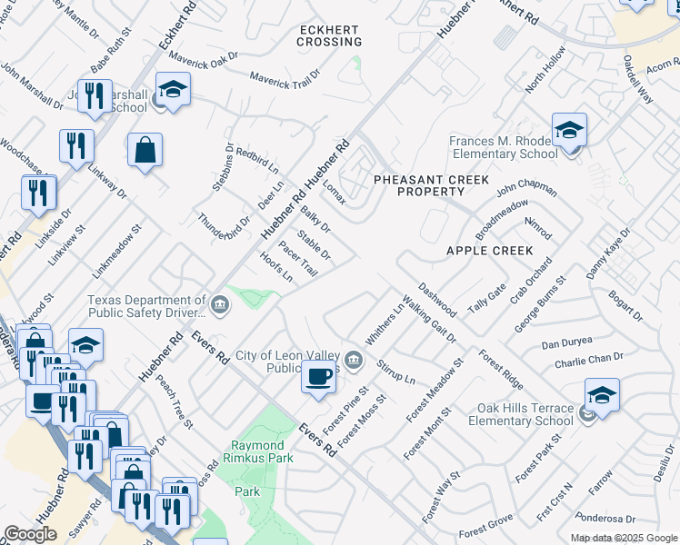 map of restaurants, bars, coffee shops, grocery stores, and more near 7423 Horse Tail Drive in San Antonio