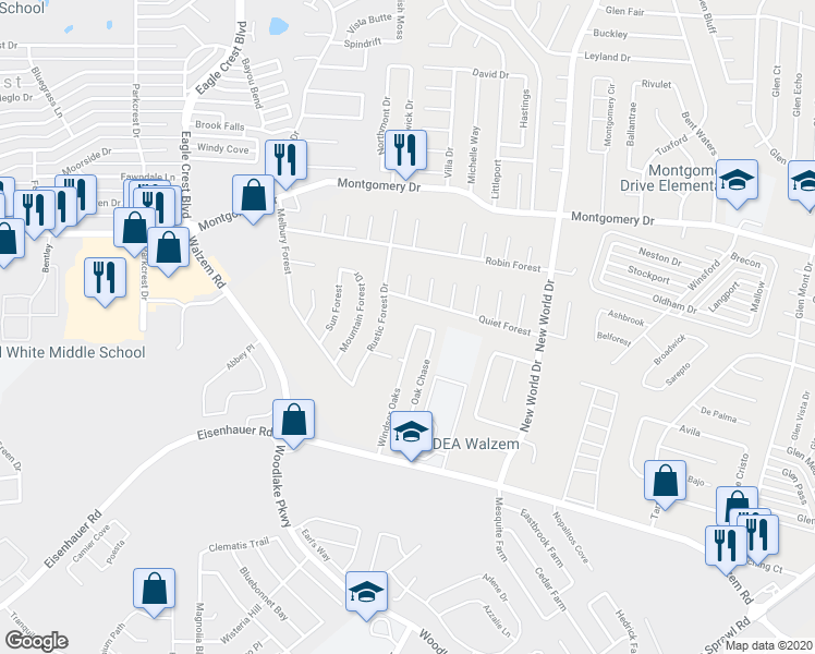 map of restaurants, bars, coffee shops, grocery stores, and more near 7643 Oak Chase in San Antonio