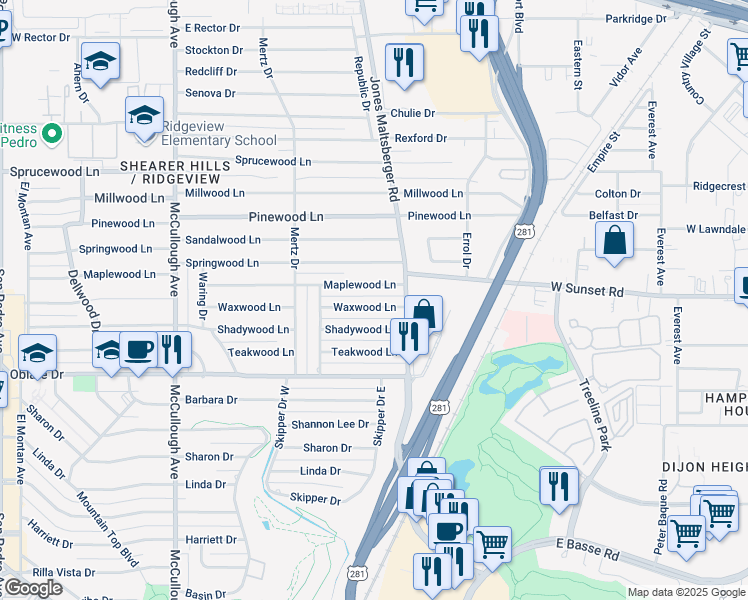map of restaurants, bars, coffee shops, grocery stores, and more near 350 Waxwood Lane in San Antonio